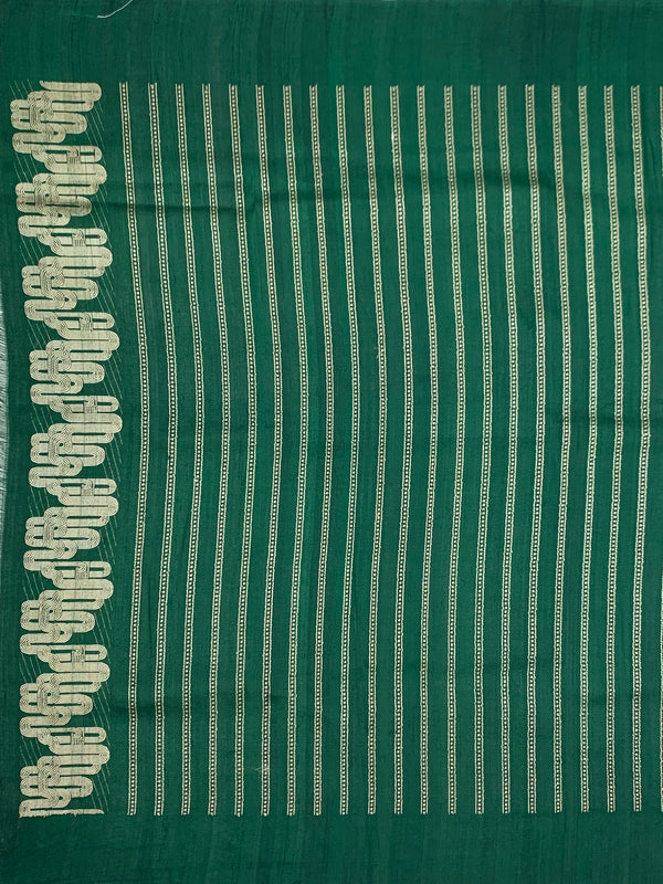 Forest Green Tussore Georgette Saree with Fan Embroidered Bootis & Geometric Zari Border