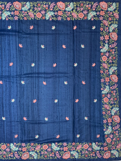Deep Navy Blue Tussore Silk Saree with Pastel Butterfly & Floral Embroidery
