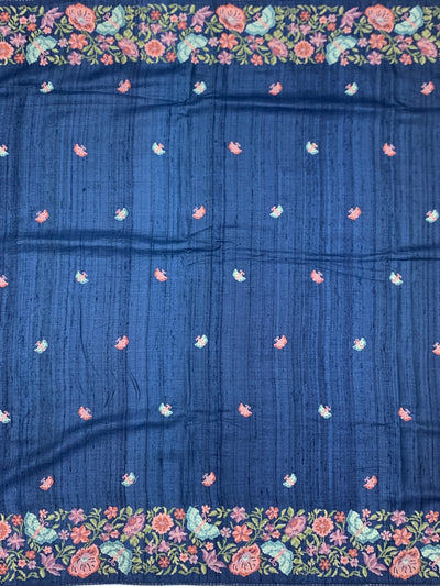 Deep Navy Blue Tussore Silk Saree with Pastel Butterfly & Floral Embroidery