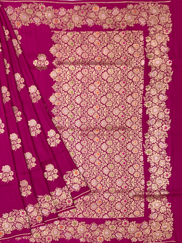 Rani Pink Tussore Georgette Saree with Gold Zari Floral Brocade & Pinstriped Blouse