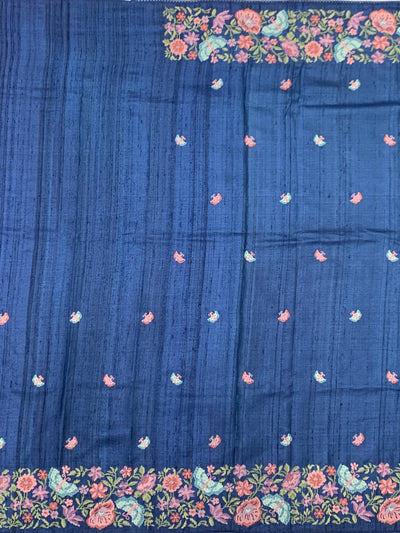 Deep Navy Blue Tussore Silk Saree with Pastel Butterfly & Floral Embroidery