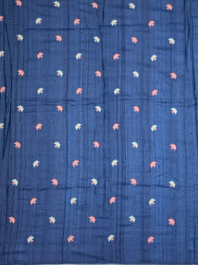 Deep Navy Blue Tussore Silk Saree with Pastel Butterfly & Floral Embroidery