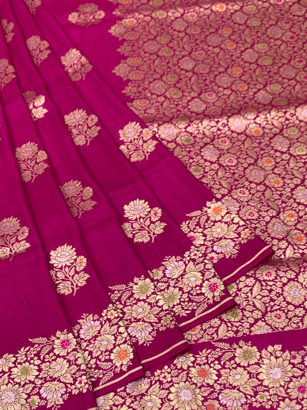 Rani Pink Tussore Georgette Saree with Gold Zari Floral Brocade & Pinstriped Blouse