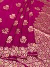 Rani Pink Tussore Georgette Saree with Gold Zari Floral Brocade & Pinstriped Blouse
