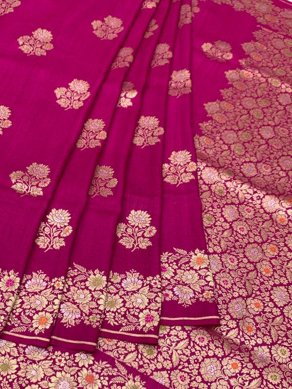 Rani Pink Tussore Georgette Saree with Gold Zari Floral Brocade & Pinstriped Blouse