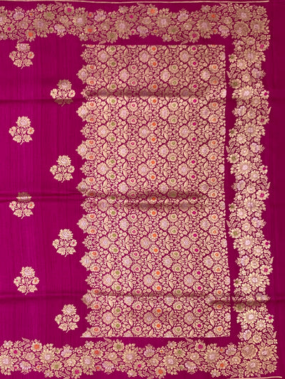 Rani Pink Tussore Georgette Saree with Gold Zari Floral Brocade & Pinstriped Blouse