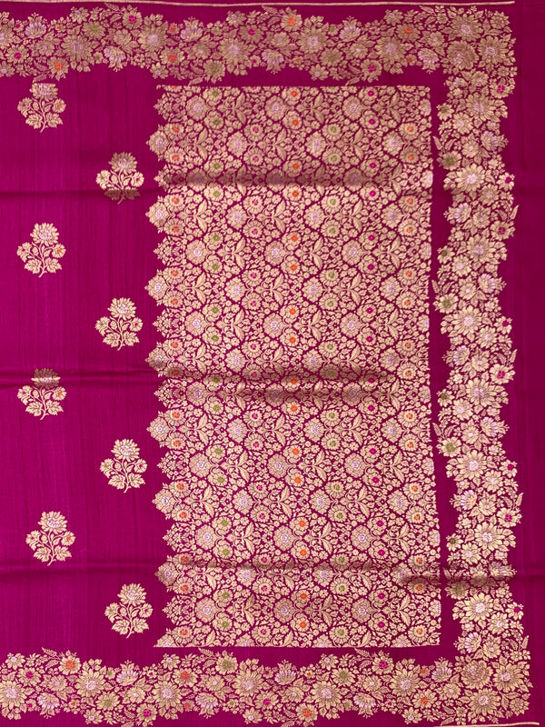 Rani Pink Tussore Georgette Saree with Gold Zari Floral Brocade & Pinstriped Blouse