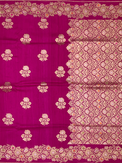 Rani Pink Tussore Georgette Saree with Gold Zari Floral Brocade & Pinstriped Blouse
