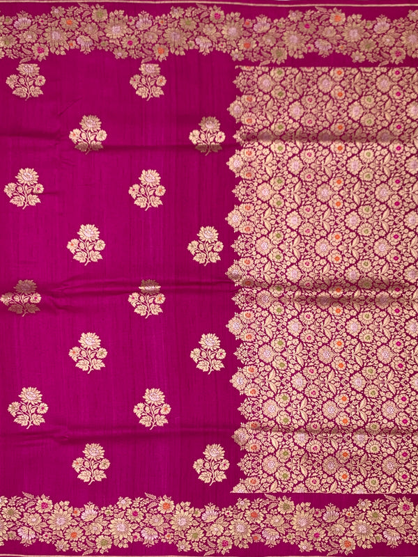 Rani Pink Tussore Georgette Saree with Gold Zari Floral Brocade & Pinstriped Blouse