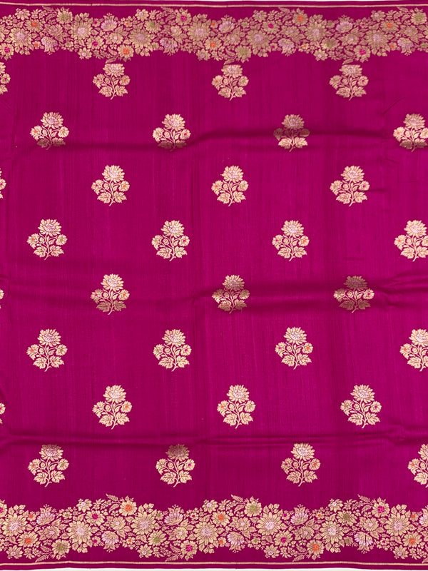 Rani Pink Tussore Georgette Saree with Gold Zari Floral Brocade & Pinstriped Blouse