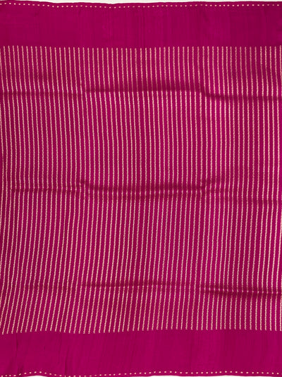 Rani Pink Tussore Georgette Saree with Gold Zari Floral Brocade & Pinstriped Blouse