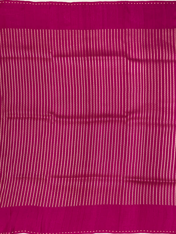 Rani Pink Tussore Georgette Saree with Gold Zari Floral Brocade & Pinstriped Blouse