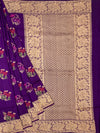 Regal Deep Purple Tussore Georgette Saree with Floral Embroidery & Gold Zari Rose Border