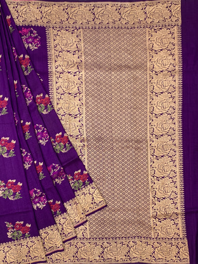 Regal Deep Purple Tussore Georgette Saree with Floral Embroidery & Gold Zari Rose Border