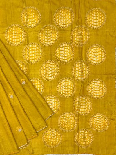 Golden Mustard Tussore Silk Saree with Statement Circular Cutwork & Embroidered Blouse