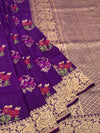 Regal Deep Purple Tussore Georgette Saree with Floral Embroidery & Gold Zari Rose Border