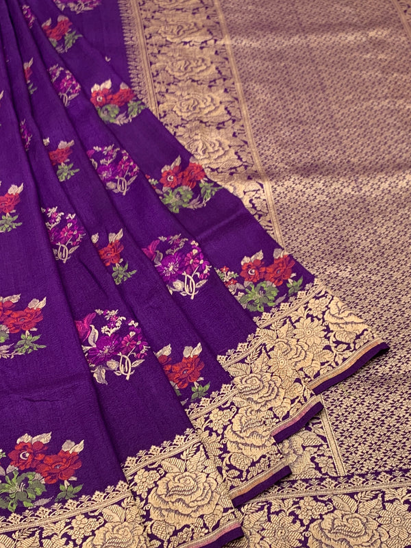 Regal Deep Purple Tussore Georgette Saree with Floral Embroidery & Gold Zari Rose Border