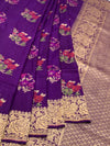 Regal Deep Purple Tussore Georgette Saree with Floral Embroidery & Gold Zari Rose Border