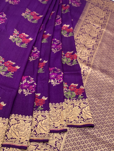 Regal Deep Purple Tussore Georgette Saree with Floral Embroidery & Gold Zari Rose Border