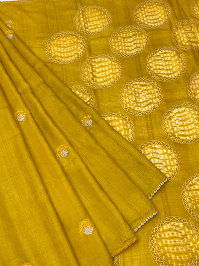 Golden Mustard Tussore Silk Saree with Statement Circular Cutwork & Embroidered Blouse