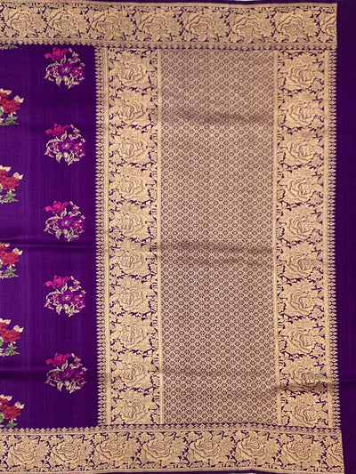 Regal Deep Purple Tussore Georgette Saree with Floral Embroidery & Gold Zari Rose Border