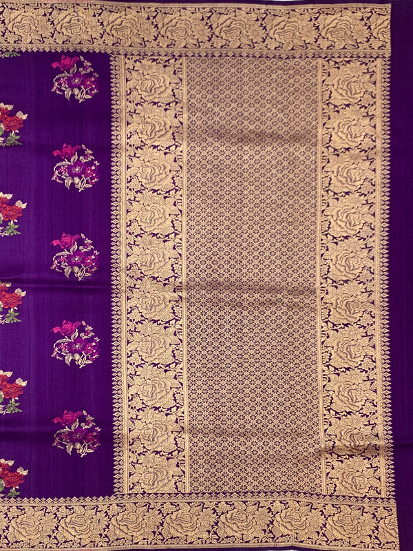 Regal Deep Purple Tussore Georgette Saree with Floral Embroidery & Gold Zari Rose Border