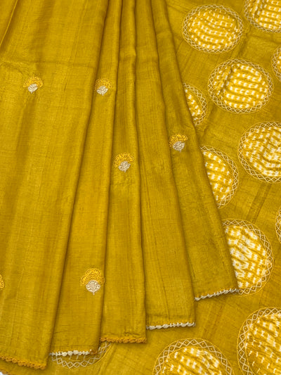 Golden Mustard Tussore Silk Saree with Statement Circular Cutwork & Embroidered Blouse