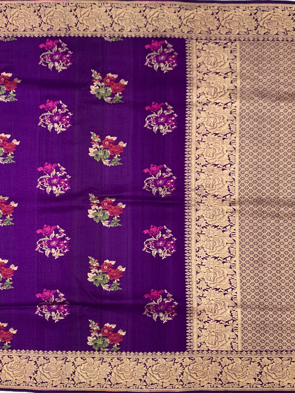 Regal Deep Purple Tussore Georgette Saree with Floral Embroidery & Gold Zari Rose Border