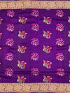 Regal Deep Purple Tussore Georgette Saree with Floral Embroidery & Gold Zari Rose Border