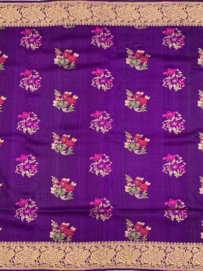 Regal Deep Purple Tussore Georgette Saree with Floral Embroidery & Gold Zari Rose Border