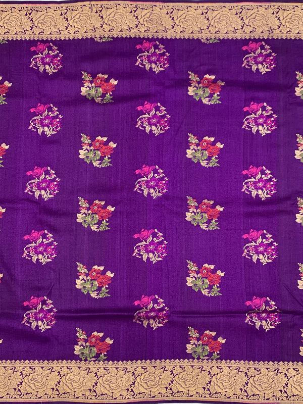 Regal Deep Purple Tussore Georgette Saree with Floral Embroidery & Gold Zari Rose Border