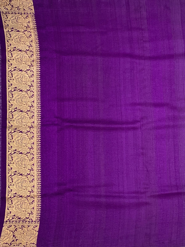 Regal Deep Purple Tussore Georgette Saree with Floral Embroidery & Gold Zari Rose Border