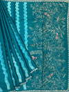 Deep Teal Tussore Silk Saree with Botanical Threadwork & Wavy Accents