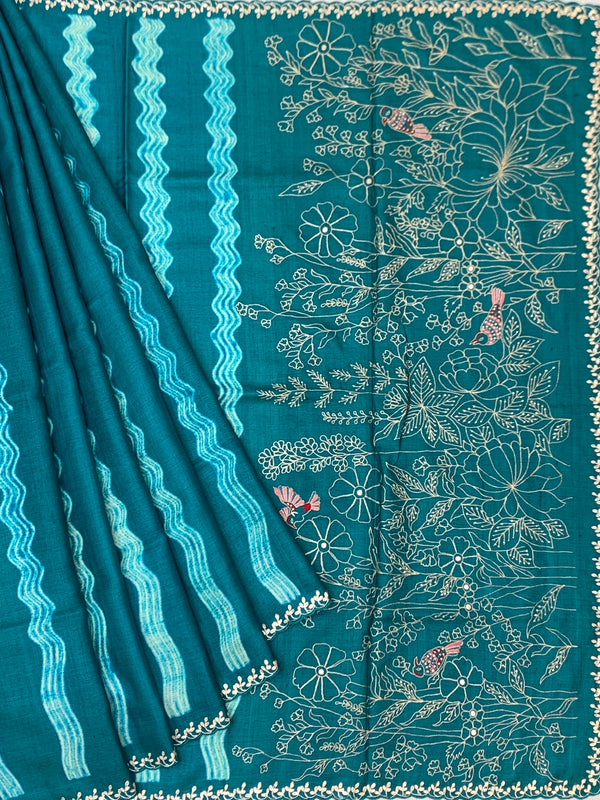Deep Teal Tussore Silk Saree with Botanical Threadwork & Wavy Accents