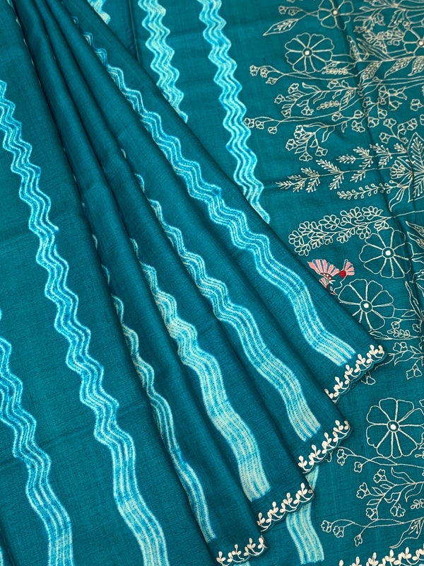 Deep Teal Tussore Silk Saree with Botanical Threadwork & Wavy Accents