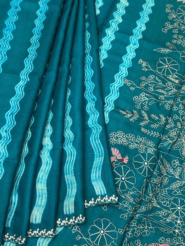 Deep Teal Tussore Silk Saree with Botanical Threadwork & Wavy Accents