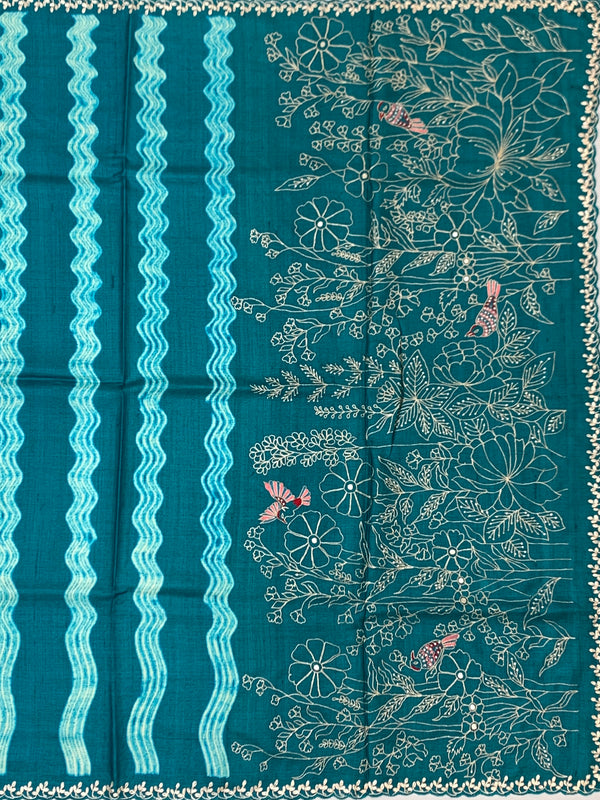 Deep Teal Tussore Silk Saree with Botanical Threadwork & Wavy Accents