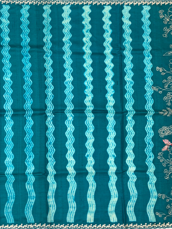 Deep Teal Tussore Silk Saree with Botanical Threadwork & Wavy Accents