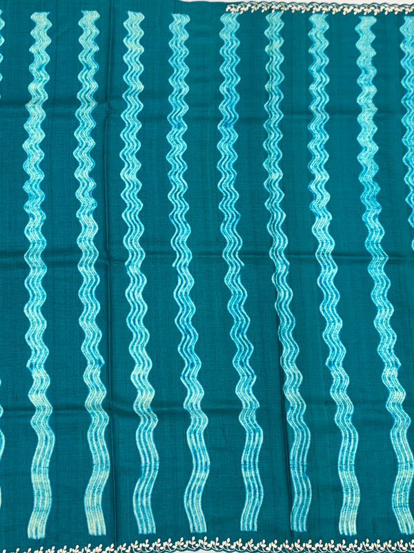 Deep Teal Tussore Silk Saree with Botanical Threadwork & Wavy Accents
