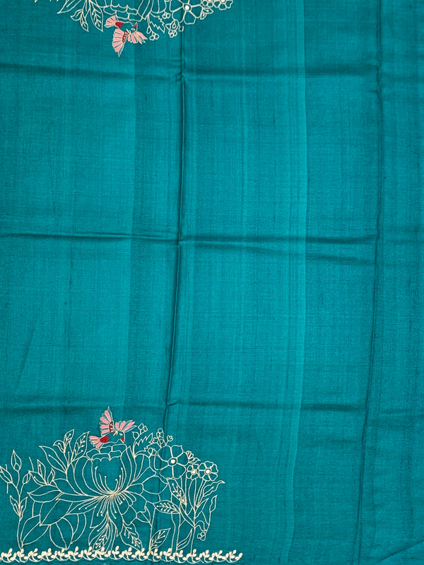 Deep Teal Tussore Silk Saree with Botanical Threadwork & Wavy Accents