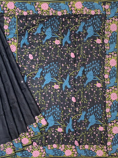 Charcoal Black Tussore Silk Saree with Vibrant Peacock & Rose Embroidery