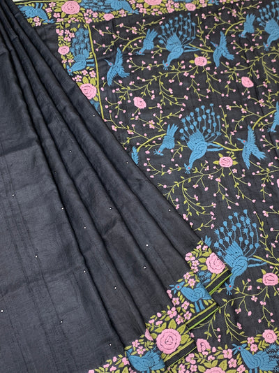 Charcoal Black Tussore Silk Saree with Vibrant Peacock & Rose Embroidery