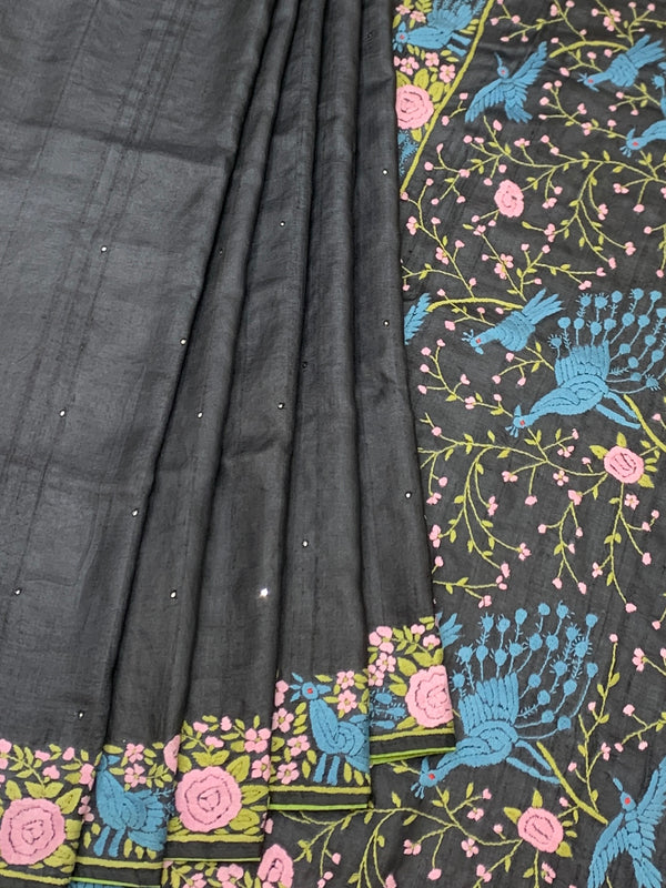 Charcoal Black Tussore Silk Saree with Vibrant Peacock & Rose Embroidery