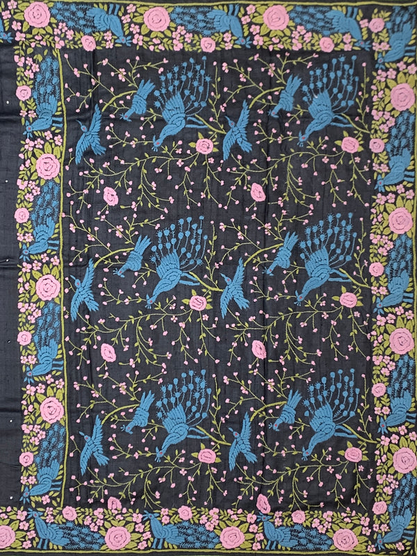 Charcoal Black Tussore Silk Saree with Vibrant Peacock & Rose Embroidery