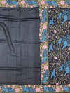 Charcoal Black Tussore Silk Saree with Vibrant Peacock & Rose Embroidery
