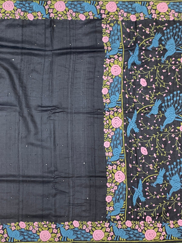 Charcoal Black Tussore Silk Saree with Vibrant Peacock & Rose Embroidery