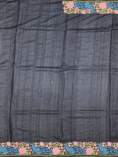 Charcoal Black Tussore Silk Saree with Vibrant Peacock & Rose Embroidery