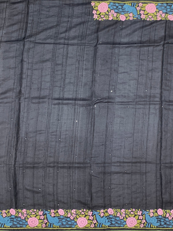 Charcoal Black Tussore Silk Saree with Vibrant Peacock & Rose Embroidery