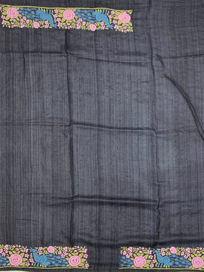 Charcoal Black Tussore Silk Saree with Vibrant Peacock & Rose Embroidery