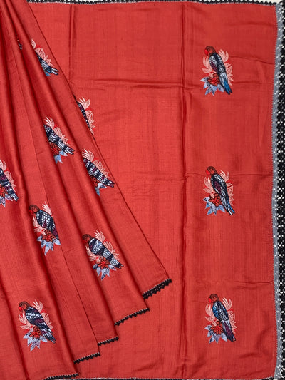 Terracotta Red Tussore Silk Saree with Embroidered Avian Motifs